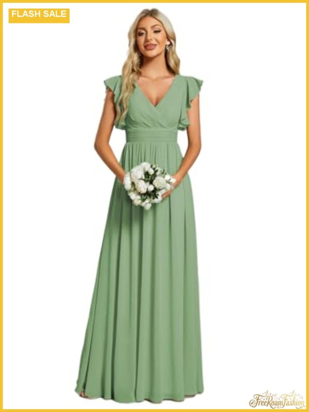 Flowy Chiffon Maxi Formal Bridesmaid Dress V-Neck Pleated